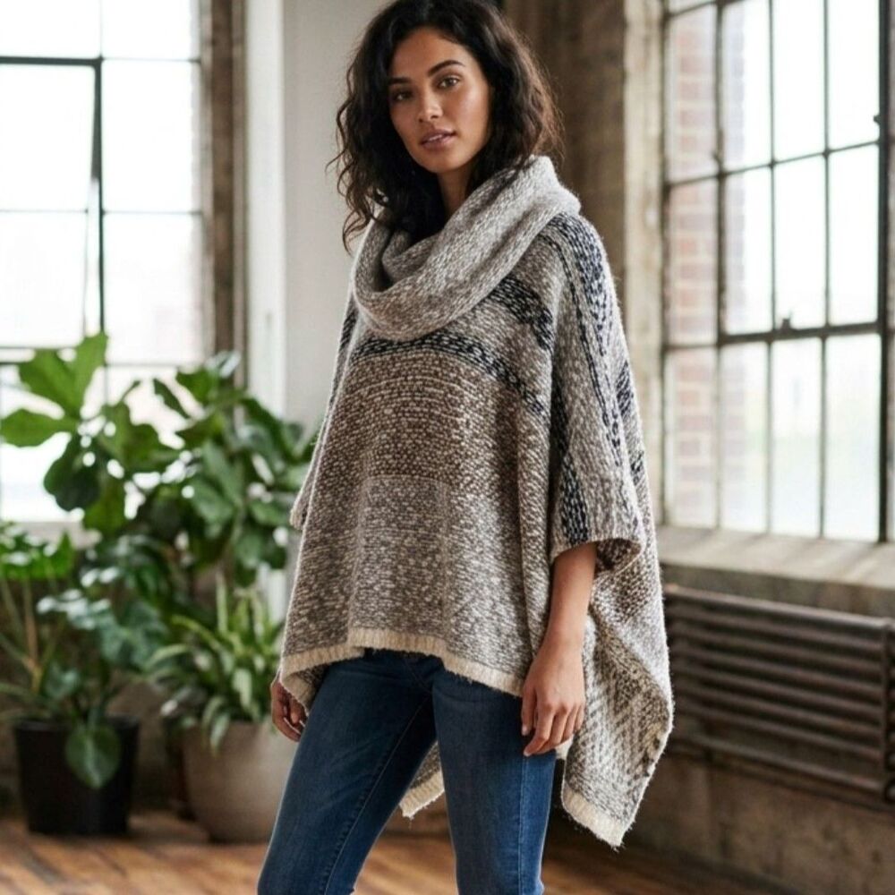 Lovestitch One Size OS Neutral Striped Cowl Neck Poncho Sweater Mohair Boho